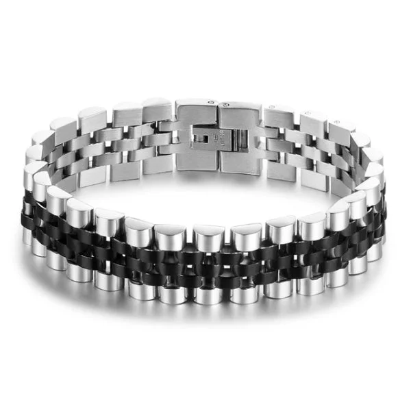 Classy Men Wide Silver Black Bracelet