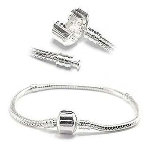 Silver Tone Snake Chain Classic Bead Barrel Clasp Bracelet for Beads Charms (9.0")