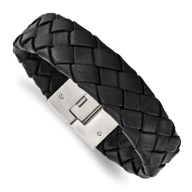 18mm Stainless Steel & Black Leather Woven Bracelet, 8.5 Inch