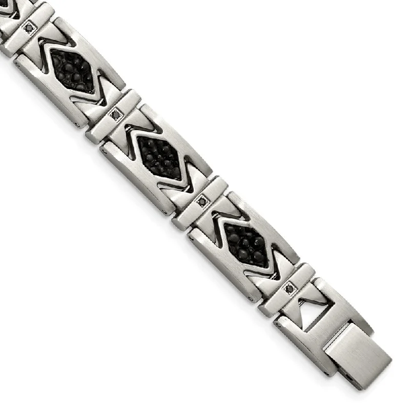 Mens 12mm Stainless Steel, Black Leather & CZ Aztec Bracelet, 8.5 Inch