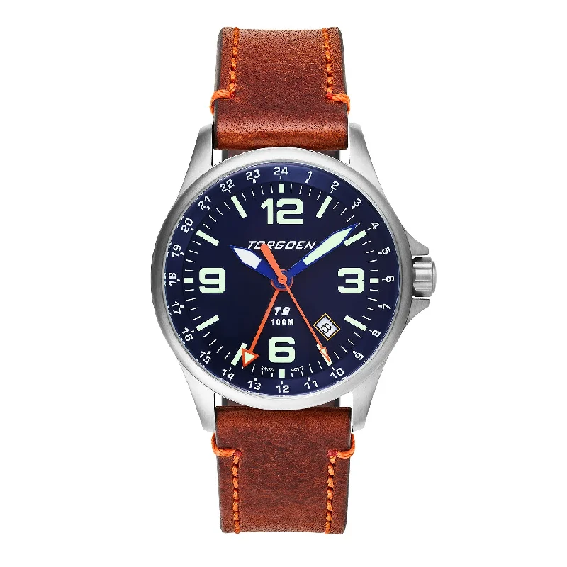 T9 Bluebird Sapphire GMT | 42mm, Brown Leather Strap