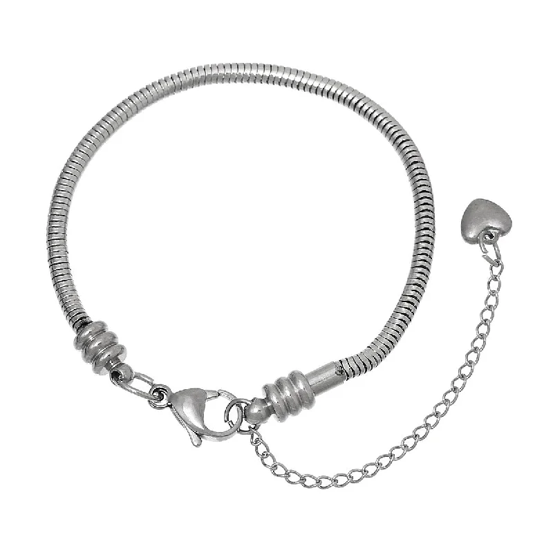 7.2" European Style Stainless Steel Snake Chain Charm Bracelet with Heart Lobster Clasp