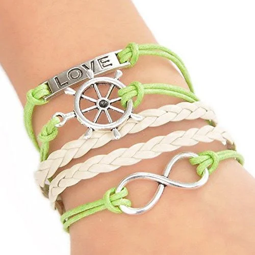 Wax Rope Braiding Bracelet Mixed W/Antique Silver Infinity Symbol & Rudder & Rectangle "Love" Findings 20cm(7 7/8")long