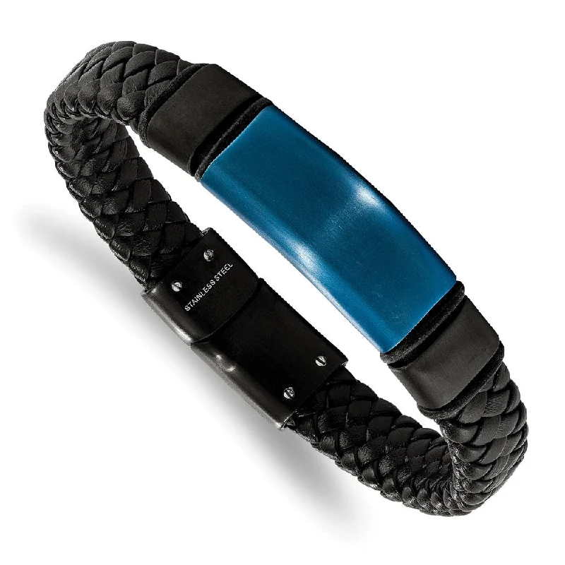 10mm Blk/Blue Plated Stainless Steel Blk Leather I.D. Bracelet 8.25 In