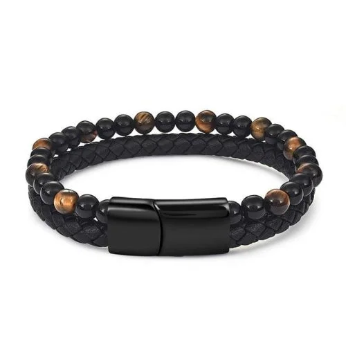 Classy Men Dual Beaded Leather Bracelet