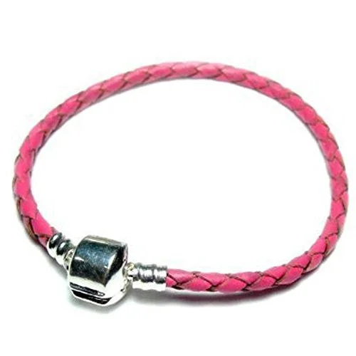 Genuine Real Braided Leather Bracelet (Pink 8.0")Fits Beads For European Snake Chain Charms