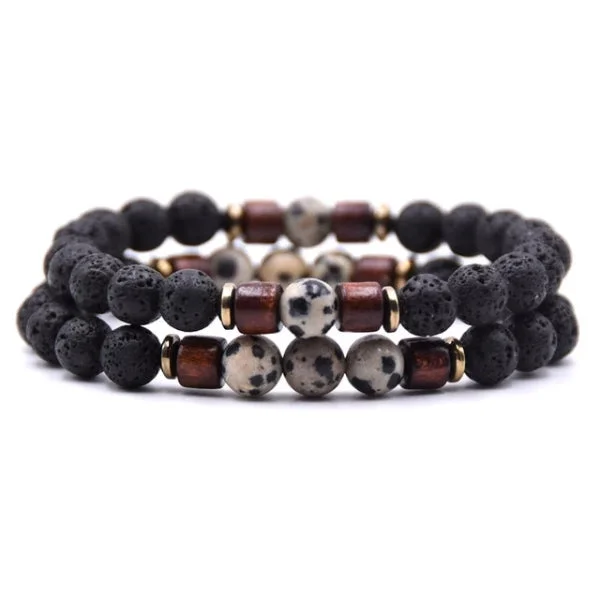 Classy Men Beaded Dalmatian Wooden Bracelet Set