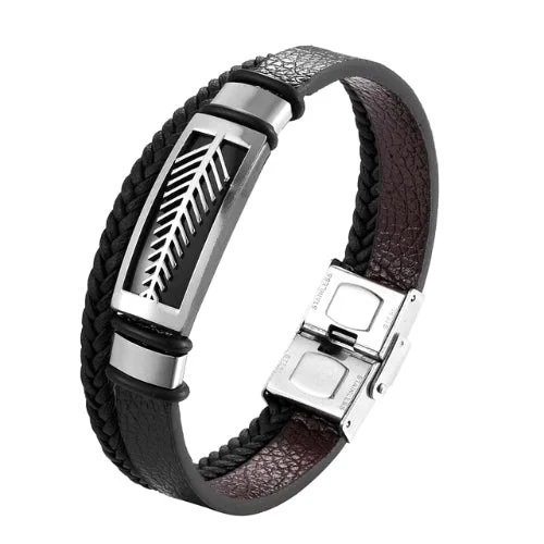 Classy Men Silver Leaf Leather Band Bracelet