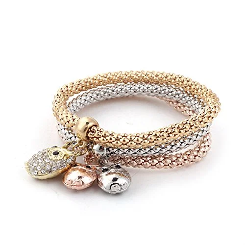 Sexy Sparkles Stretch Bracelets Iâ€™s 3PCS Gold/Silver/Rose Gold Plated Popcorn Chain with Crystal Charms Multilayer Bracelets for Women