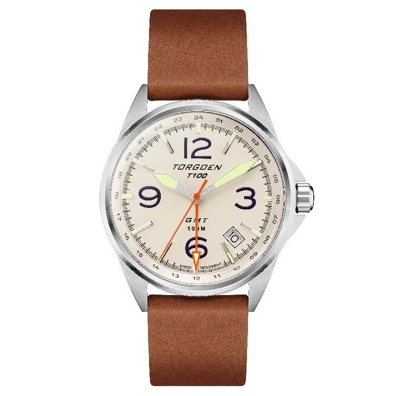 T100 Matte Cream GMT | 38mm , Brown Leather Strap