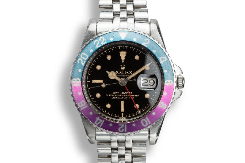 1961 Rolex Pointed Crown Guard GMT-Master 1675 Fuchsia with Gilt Chapter Ring Exclamation Dial