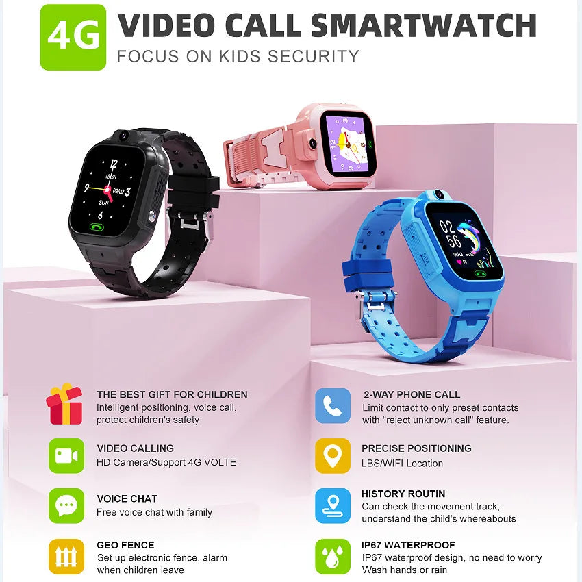 4G Kids Smart Watch LT37 Camera SOS GPS WIFI Video Call Waterproof Monitor Tracker Location LBS Baby Children Student Smartwatch