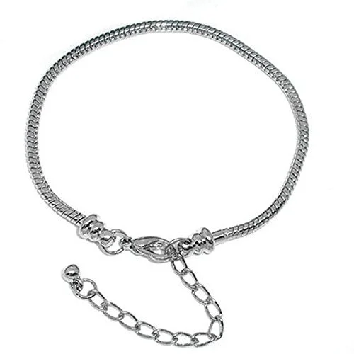 Bracelet Fits 7- 9 Inch for Pandora Beads Silver Tone Snake Chain Lobster Clasp Adjustable (Screw End)