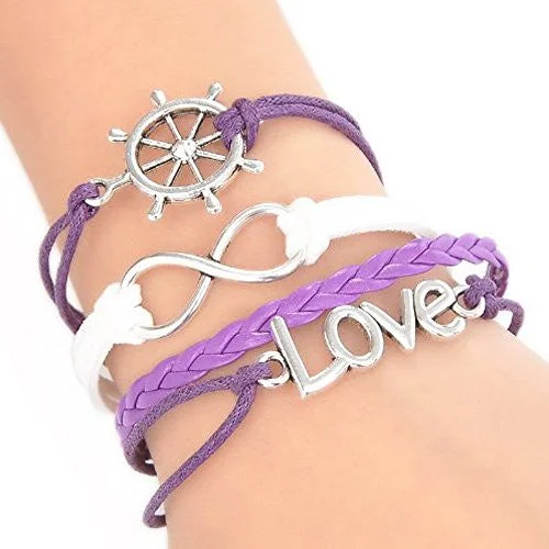 Wax Rope Braiding Bracelet Purple & White Antique Silver Love Ship Helm & Infinity Symbol Findings 20cm(7 7/8")long