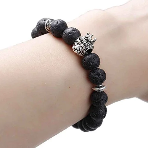 Synthetic Lava Beaded Healing Bracelet Black Lion Head Elastic Bracelet 23cm(9") long