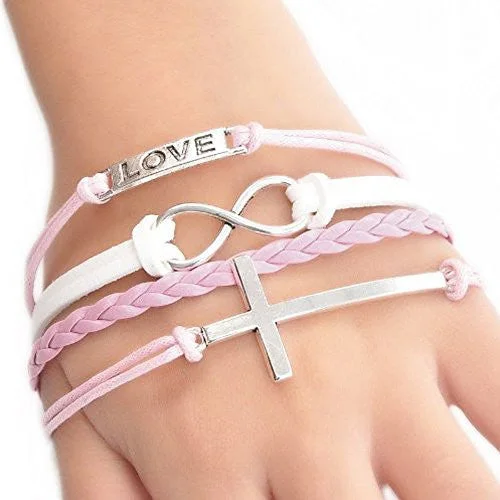 Wax Rope Braiding Bracelet Pink & White Antique Silver Cross & Infinity Symbol Findings "Love" Carved 20cm(7 7/8")long