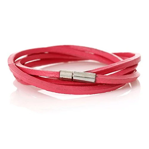 Fushia Cowhide Leather Bracelet Many Loops With Cord End Clasp