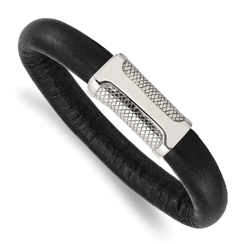 Men's Black Leather Cord & Stainless Steel Magnetic Bracelet, 8.5 Inch