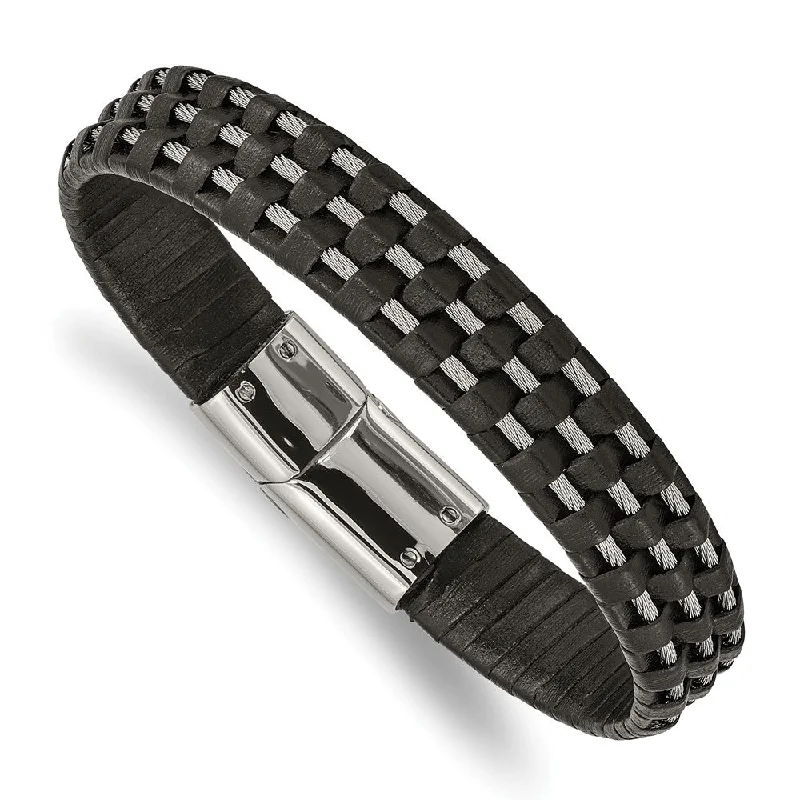 12.3mm Stainless Steel Black Leather and Wire Bracelet, 8.5 Inch