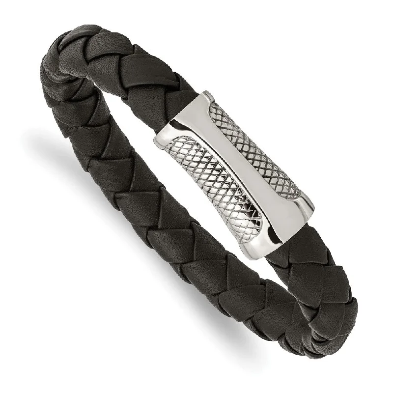 Black Leather Cord & Stainless Steel Magnetic Clasp Bracelet, 8.5 Inch