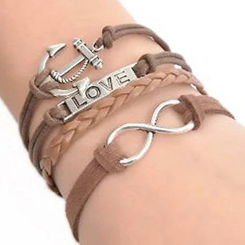 Wax Rope Braiding Bracelet Coffee W/Antique Silver Infinity Symbol & Anchor & Rectangle "Love" Findings 20cm(7 7/8")long