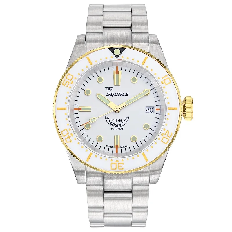 Squale 1545 White (White and Gold Bezel) on Stainless Steel Bracelet