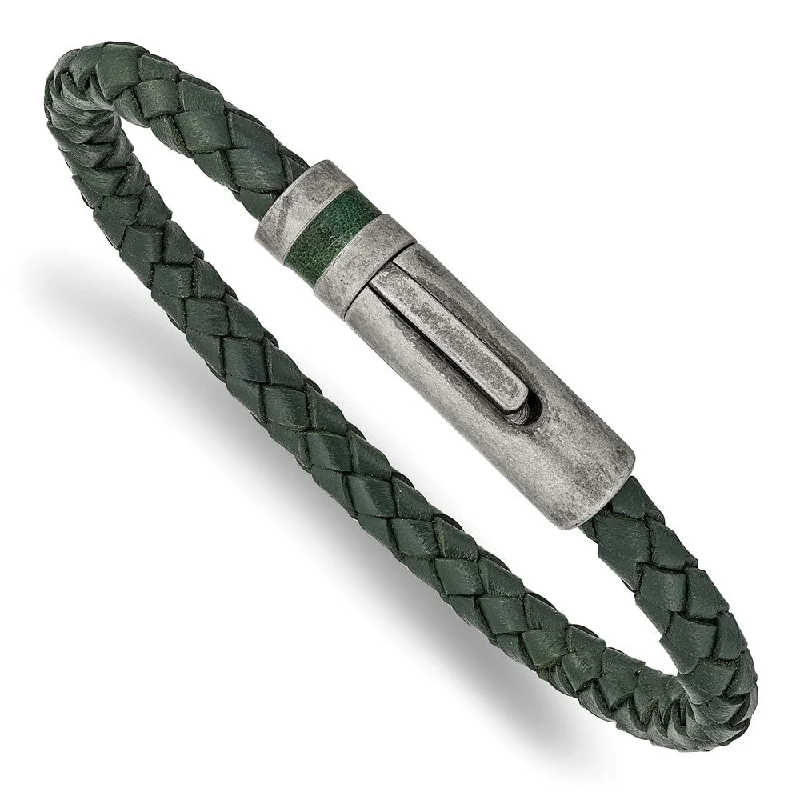 5.25mm Antiqued Stainless Steel Green Leather Woven Bracelet, 8.25 In