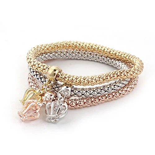 Sexy Sparkles Stretch Bracelets Iâ€™s 3PCS Gold/Silver/Rose Gold Plated Popcorn Chain with Crystal Charms Multilayer Bracelets for Women