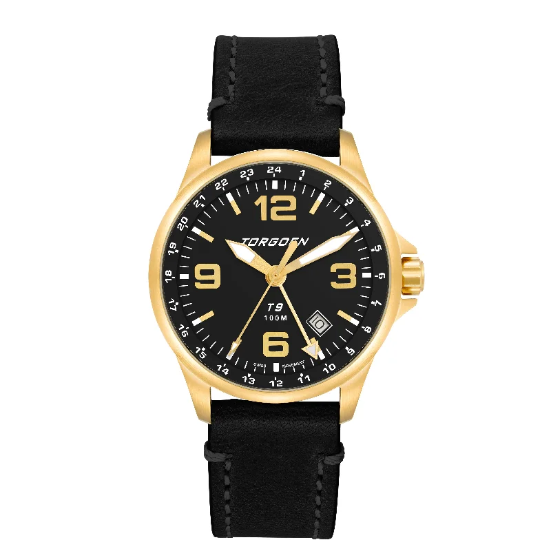 T9 Gold GMT | 42mm, Black Leather Strap