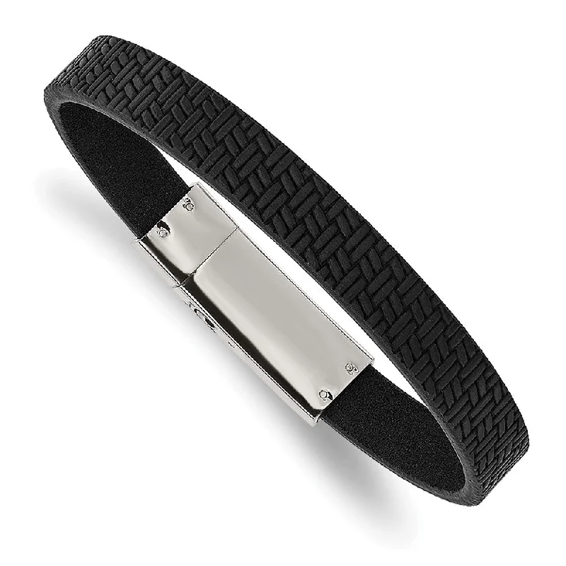 Men's 10mm Stainless Steel & Textured Black Leather Bracelet, 8.5 Inch