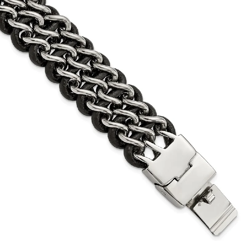 26mm Stainless Steel & Black Leather Triple Row Bracelet, 8.75 Inch