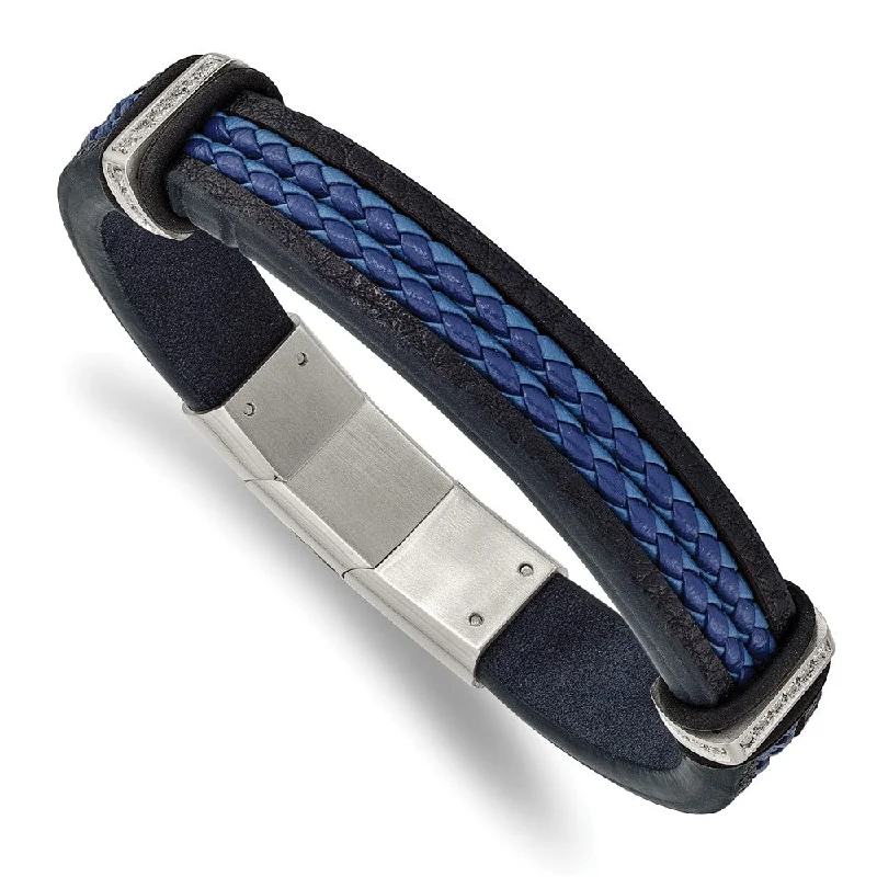 Stainless Steel, Black/Blue Leather & CZ Adjustable Bracelet, 8 Inch