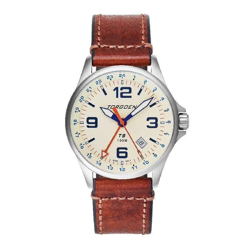 T9 Cream Ibis GMT | 42mm, Brown Vintage Leather Strap