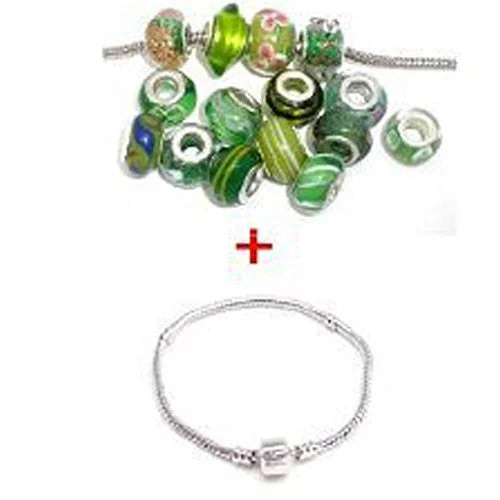 One 6.5 Inch Bracelet with Ten Pack of Green Glass Lampwork Beads