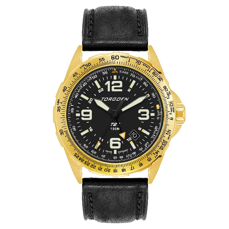 T21 Gold GMT | 44mm, Black Leather Strap