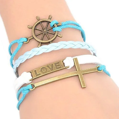 Wax Rope Braiding Bracelet Mixed Antique Bronze Cross & Rudder & Rectangle "Love" Findings 20cm(7 7/8") long