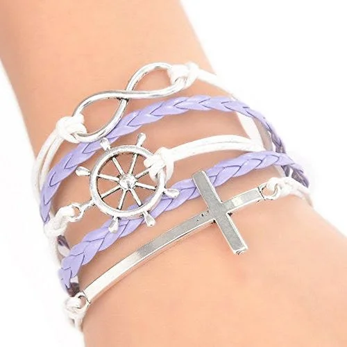 Wax Rope Braiding Bracelet Mixed W/Antique Silver Cross & Infinity Symbol & Rudder Findings 20cm(7 7/8")long