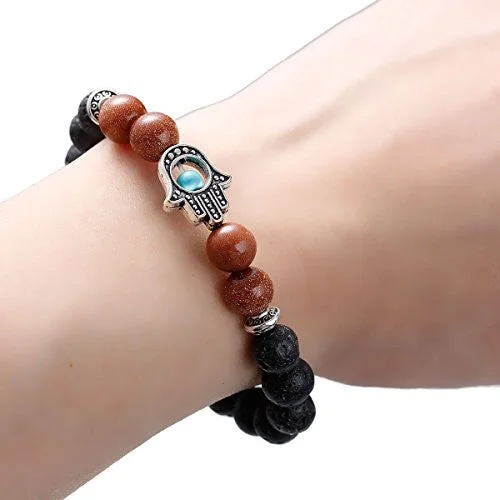 Men, Womens Synthetic Lava Gold Sand Beaded Healing Bracelet Black With Hamsa Hand Elastic 21.5cm(8 4/8")