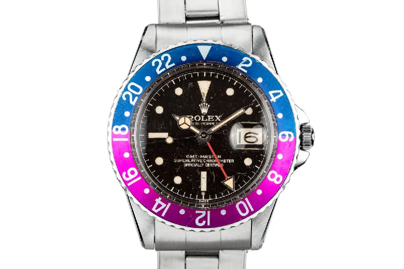 1960 Rolex GMT-Master 1675 with Pointed Crown Guard Case, Gilt Exclamation Dial, and Fuchsia Bezel Insert with Papers