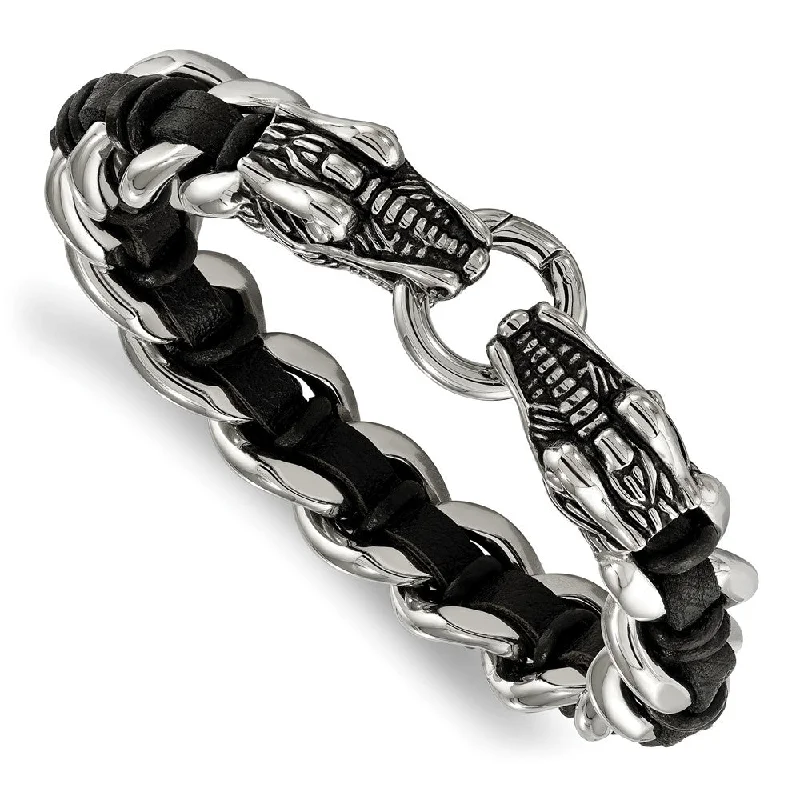 Stainless Steel & Black Leather Dragon Head Curb Link Bracelet, 8.5 In