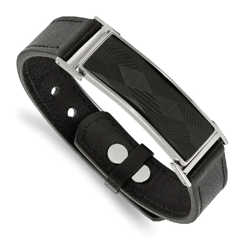 Stainless Steel Black Leather & Carbon Fiber Bracelet, 7 to 9.25 Inch