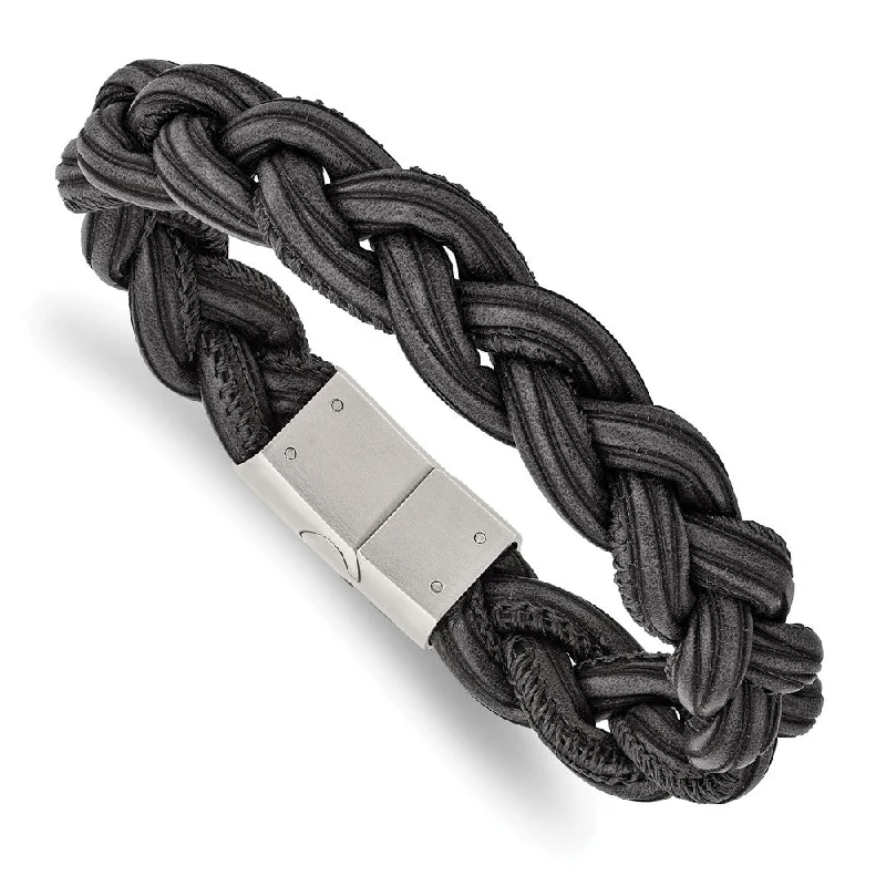 12mm Stainless Steel Black & Gray Braided Leather Bracelet, 8.25 Inch