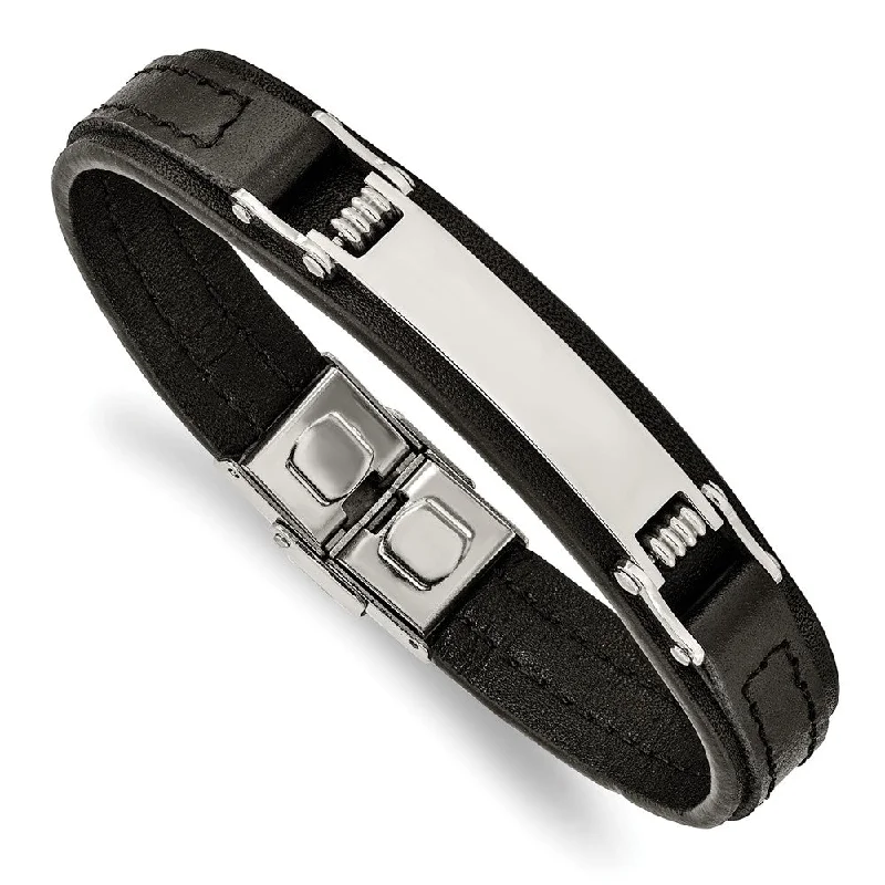 Men's Stainless Steel & 13mm Black Leather I.D. Bracelet, 8.25 Inch