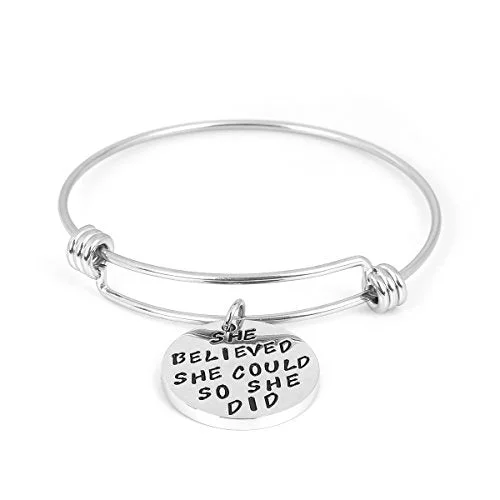 SEXY SPARKLES Stainless-Steel Inspirational Bracelet Engraved “believed she could she did” Motivational Round Charm Pendant Expandable Adjustable