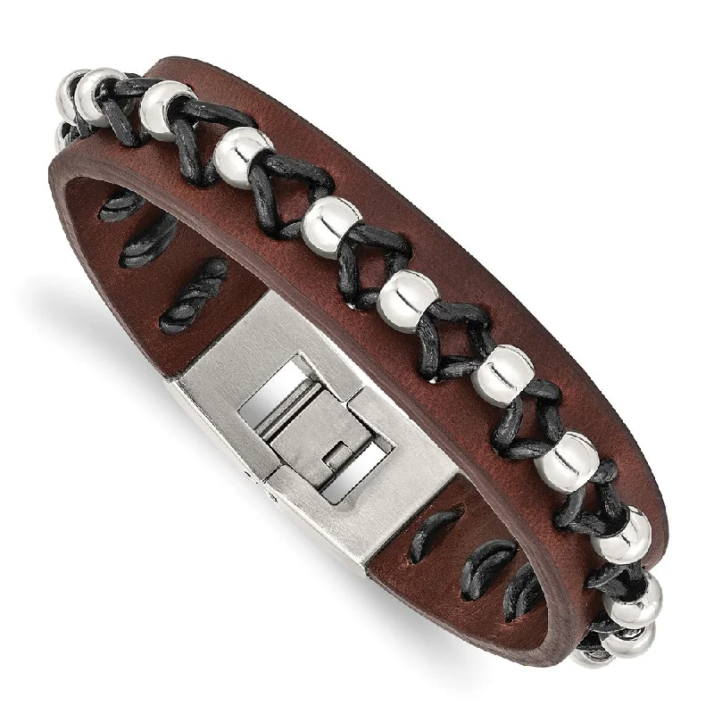 Men's Brown Leather and Stainless Steel Bead Bracelet - 8.5 Inch