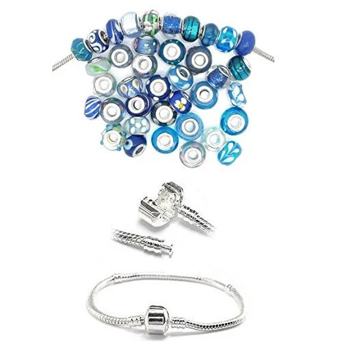 8.5" Snake Chain Bracelet + Ten (10) Pack of Assorted Blue Glass Beads