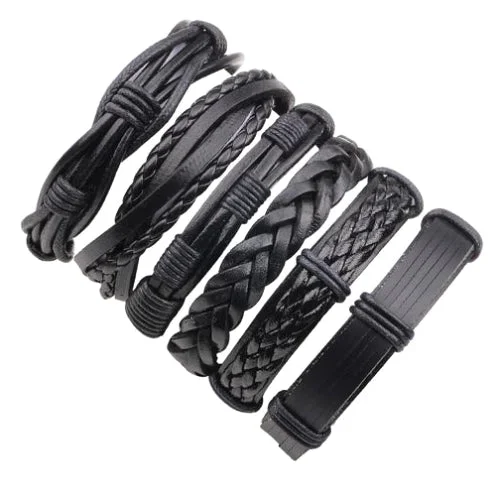 Classy Men Black Leather Bracelet Set | 2 Styles