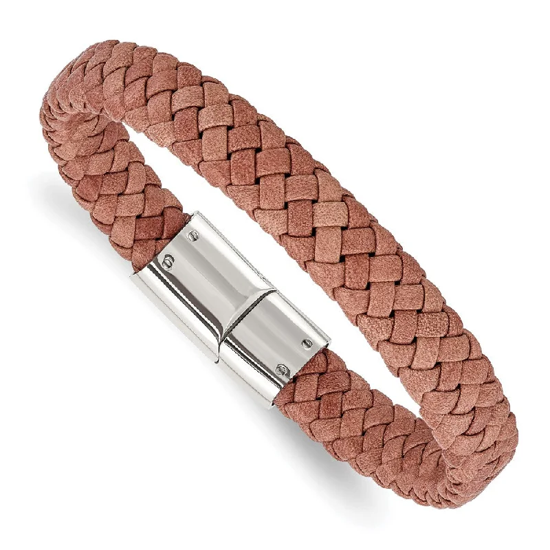 11.5mm Stainless Steel & Light Brown Leather Braided Bracelet, 8.25 In