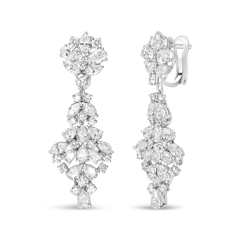 18K White Gold 9 1/2 Cttw Diamond Cluster Drop Dangle Clip-On Earrings