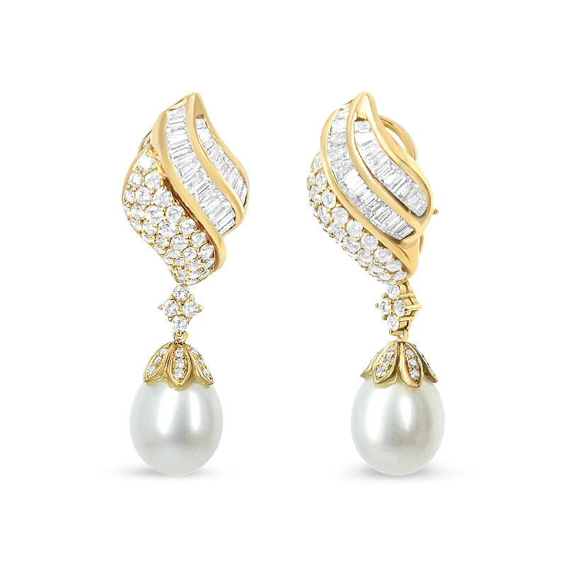 18k Yellow Gold 7.0 Cttw Baguette and Round Diamond South Sea Pearl Drop Dangle Clip-On Earrings